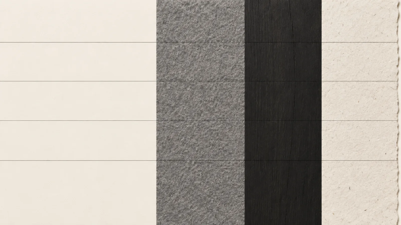 Quatre bandes verticales de matières — papier ivoire, feutre gris, bois sombre et papier grainé — traversées de filets de portée