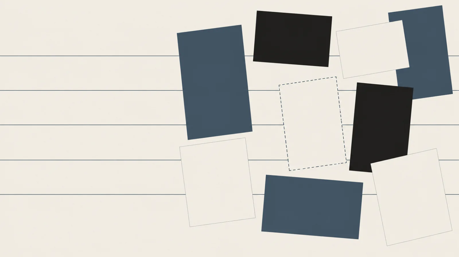 Cartes rectangulaires ivoire, ardoise et noires légèrement inclinées, l'une tracée en pointillés, sur cinq filets de portée