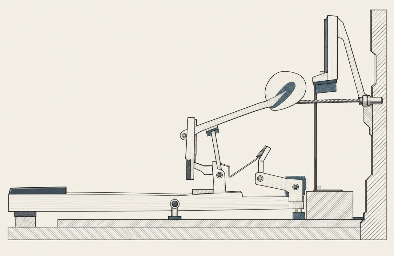 Coupe dessinée d'une mécanique de piano : touche, levier, marteau garni et étouffoir face à la corde